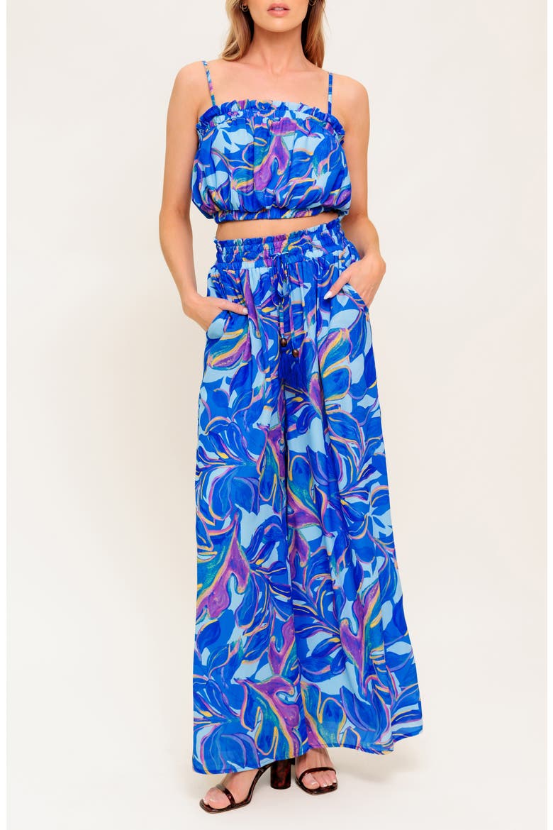 Print Bubble Crop Top & Wide Leg Pants Set, Main, color, BLUE