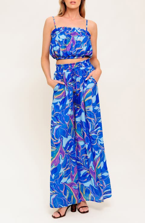Print Bubble Crop Top & Wide Leg Pants Set