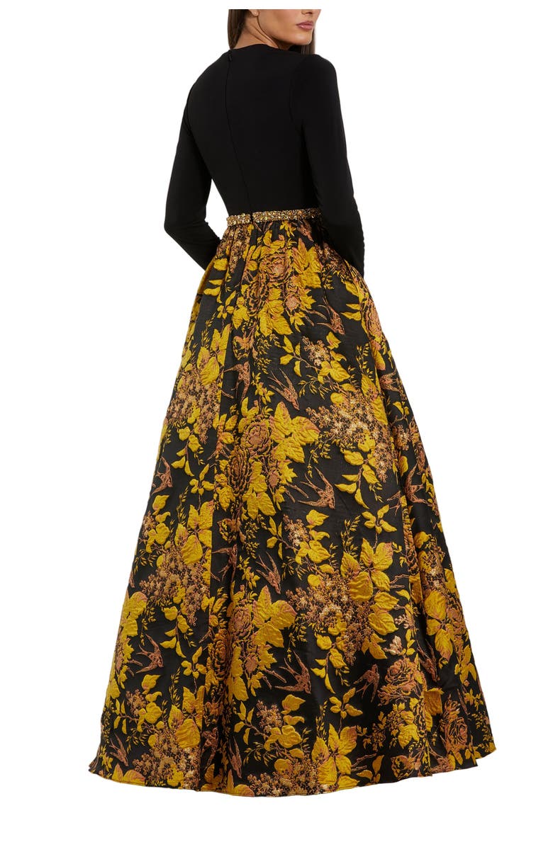Mac Duggal High Neck Long Sleeve Jersey And Brocade Ballgown, Alternate, color, Black Gold