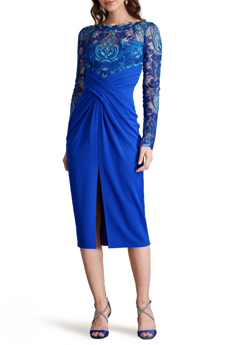 Sequin Crepe Long Sleeve Sheath Dress, Main, color, BLUE GAZE