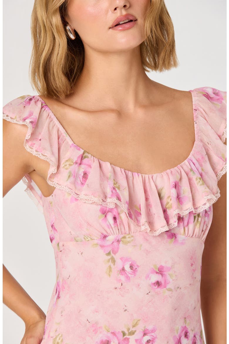 Laisha Floral Ruffle Trim Midi Dress, Alternate, color, PINK FLORAL