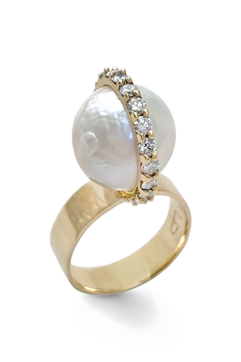 Perched Cultured Pearl & Diamond Ring, Main, color, GOLD/ DIAMOND/ PEARL