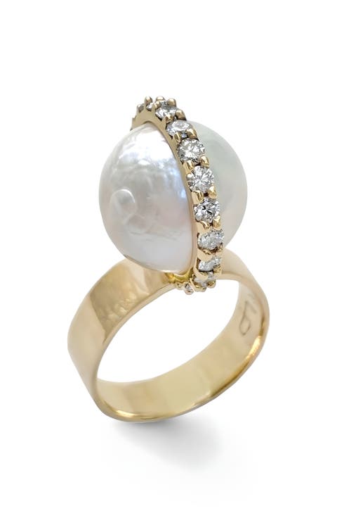 Perched Cultured Pearl & Diamond Ring