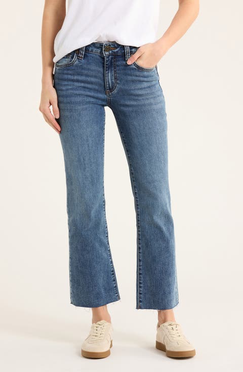 Nikki Raw Hem Mid Rise Ankle Flare Jeans (Celosia)