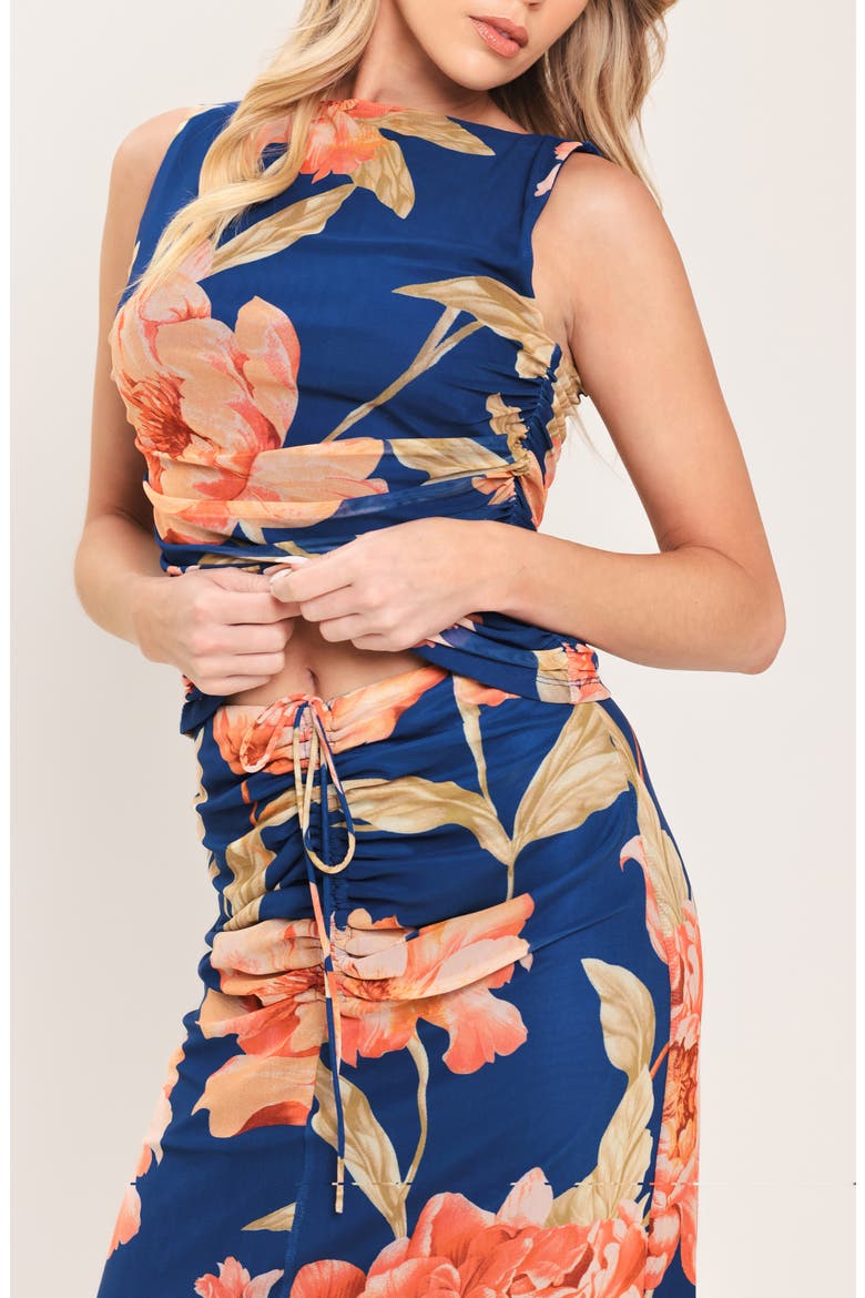 Floral Ruched Mesh Maxi Skirt, Alternate, color, NAVY