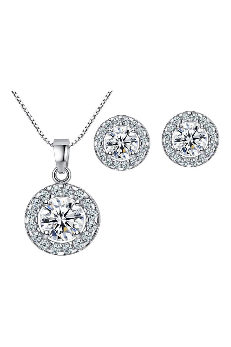 Halo Cubic Zirconia Necklace Set, Main, color, Silver