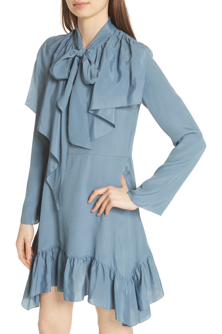 Tie Neck Ruffle Hem Dress, Alternate, color, MIRAGE BLUE
