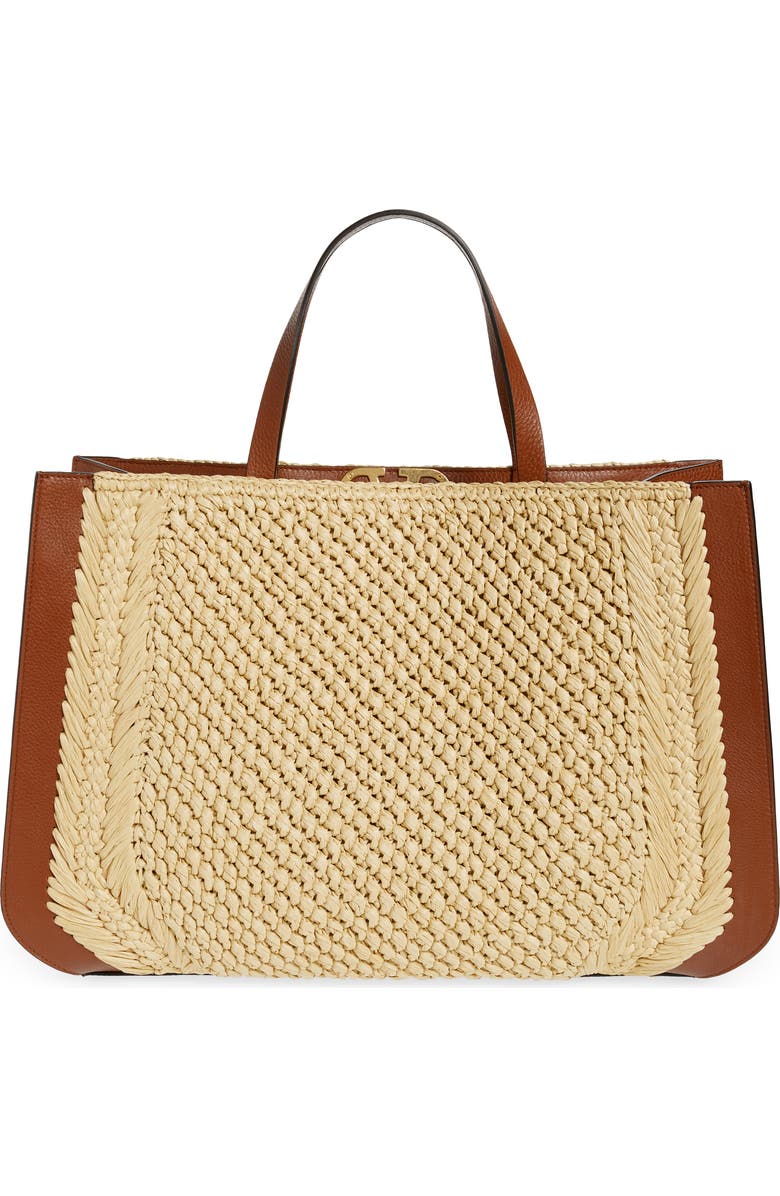 Valentino Garavani VLOGO Woven Raffia & Leather Tote, Alternate, color,
