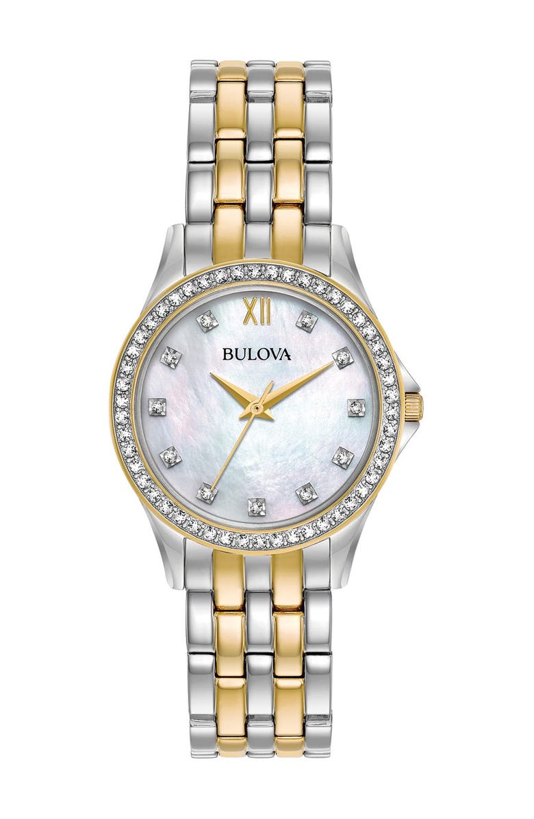 BULOVA Women's Crystal Accent Two-Tone Bracelet Watch & Heart Pendant Necklace Set, 28mm, Alternate, color, 