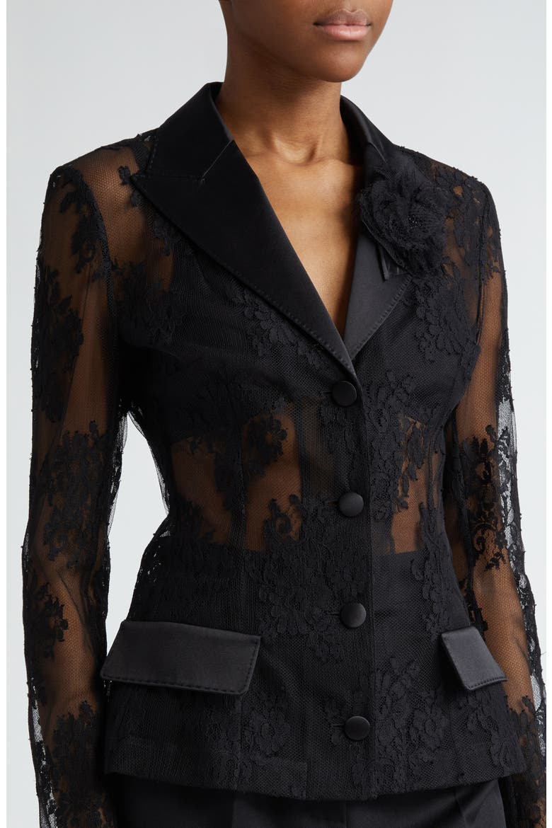 Sheer Floral Lace & Satin Jacket, Alternate, color, N0000 NERO