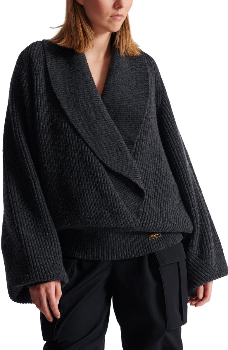 Balmain Oversized Wrap Knit Jumper, Alternate, color, Grey