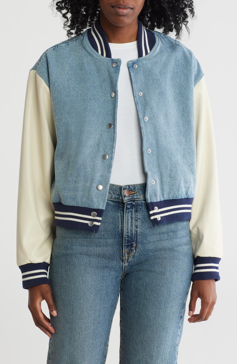 Steve Madden Faux Leather & Denim Varsity Jacket, Alternate, color, 