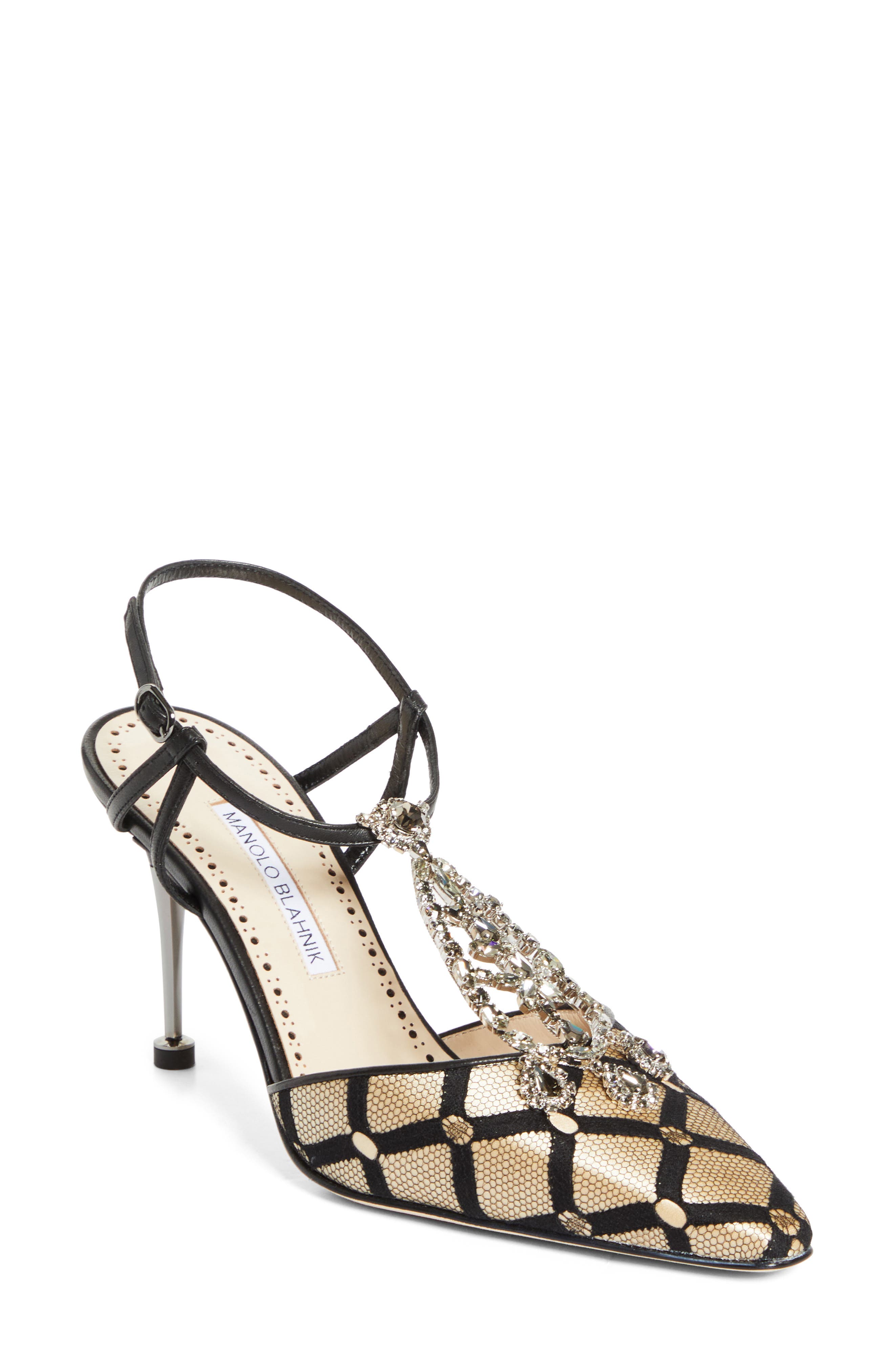 Manolo Blahnik Bolero Ankle Strap Pump, Main, color, Black/ Light Beige
