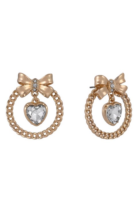 Bow & Heart Crystal Drop Earrings