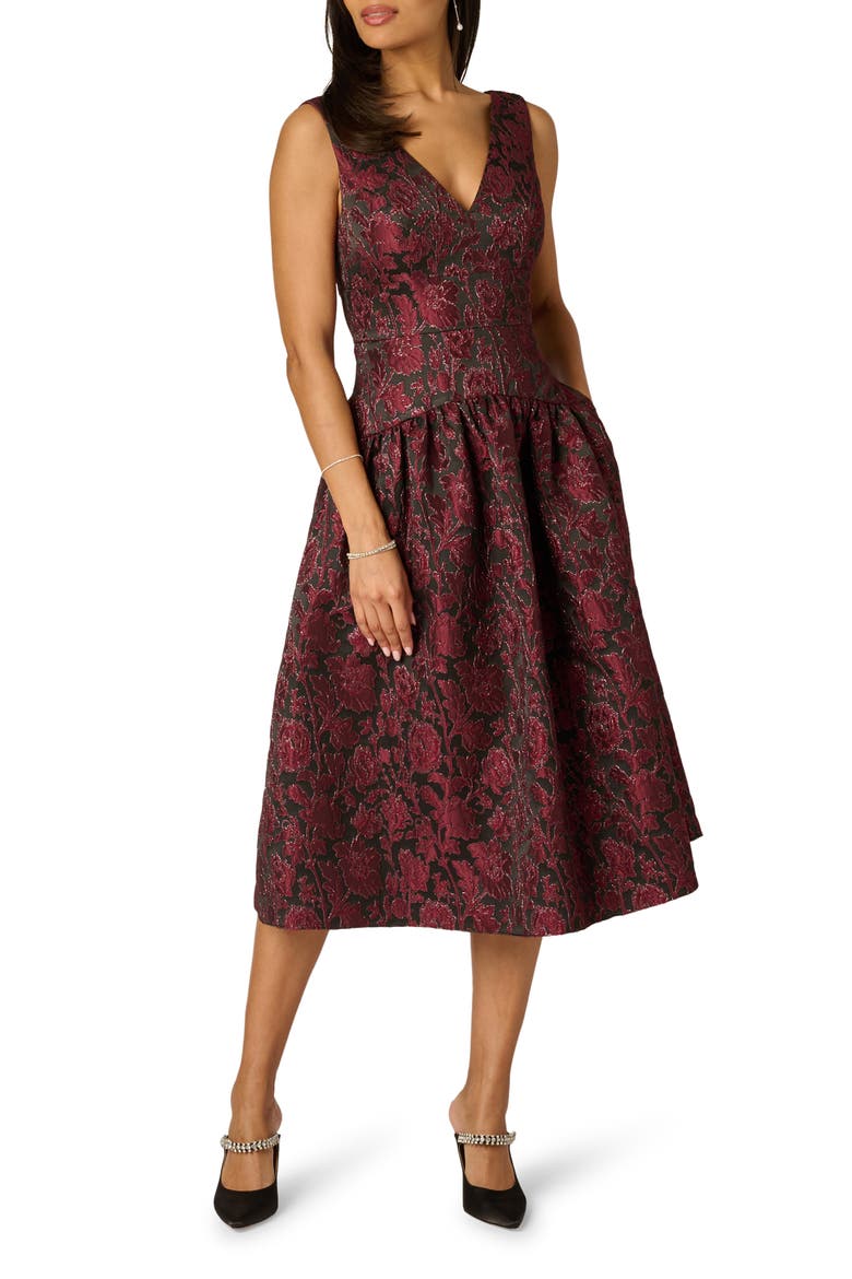 Floral Metallic Jacquard Midi Dress, Alternate, color, BURGUNDY