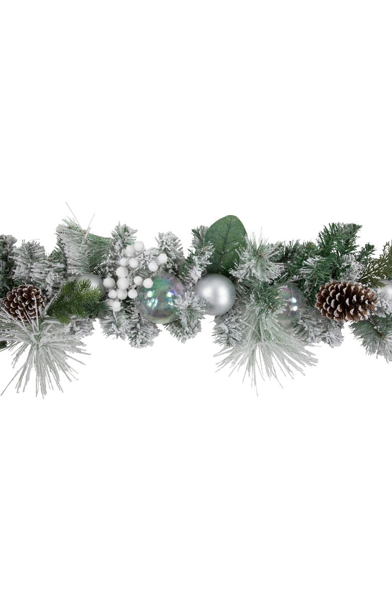Northlight 6' Flocked Pine Artificial Christmas Garland with Iridescent Ornaments, Unlit, Alternate, color, 