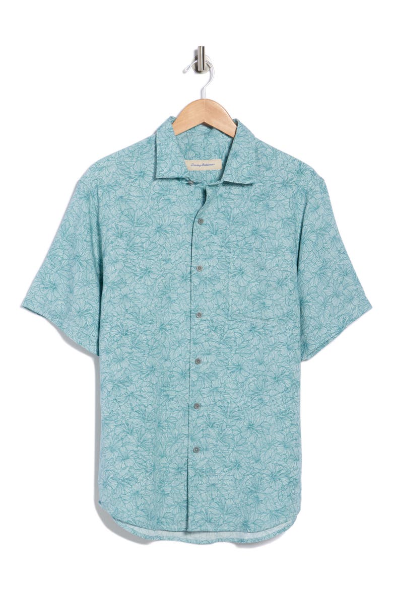 Etched Hibiscus Short Sleeve Button-Up Shirt, Alternate, color, BRISTOL BLUE
