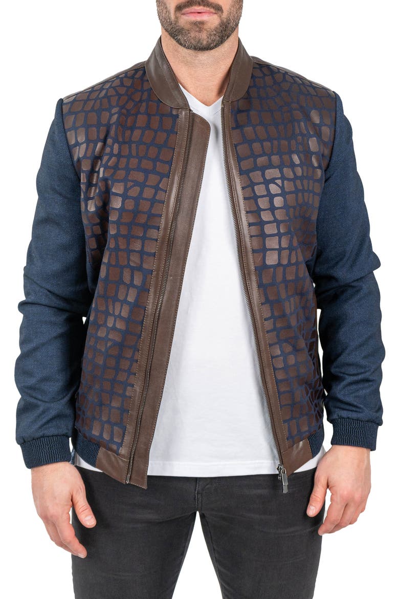 Mixed Media Leather Jacket, Main, color, BLUE