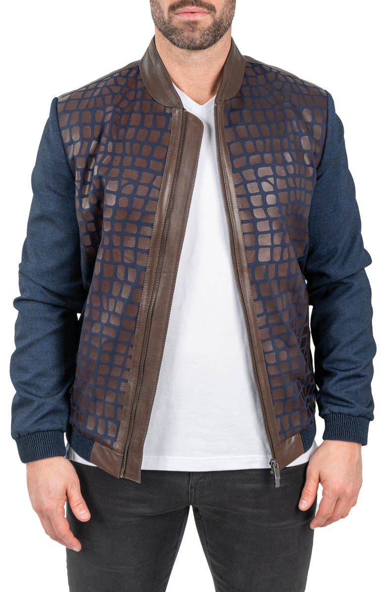 Maceoo Mixed Media Leather Jacket, Main, color, Blue