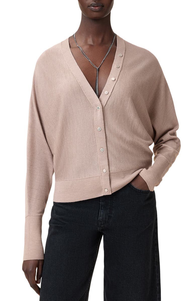 AllSaints Honor V Merino Wool Cardigan, Main, color, Pashmina Pink
