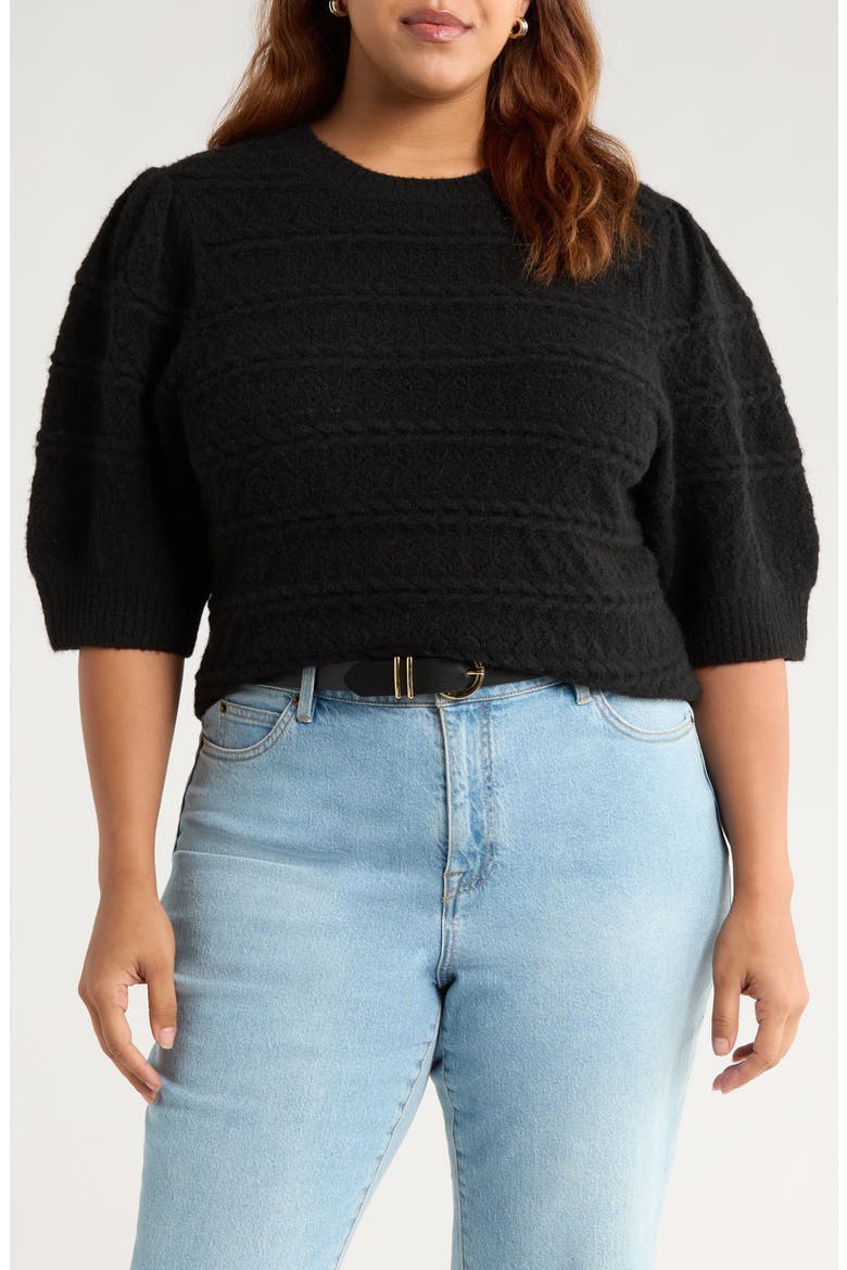Puff Sleeve Cable Stitch Sweater, Main, color, BLACK