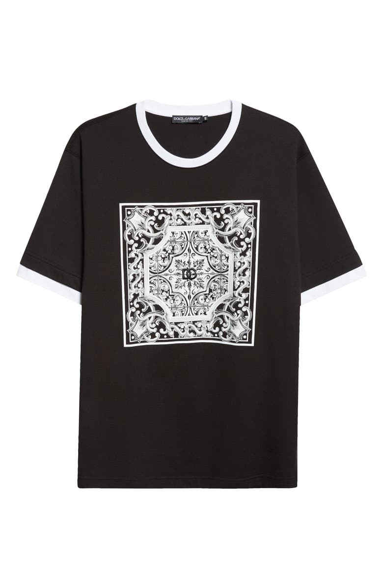 Dolce&Gabbana Majolica Embroidered Ringer T-Shirt, Alternate, color, Nero
