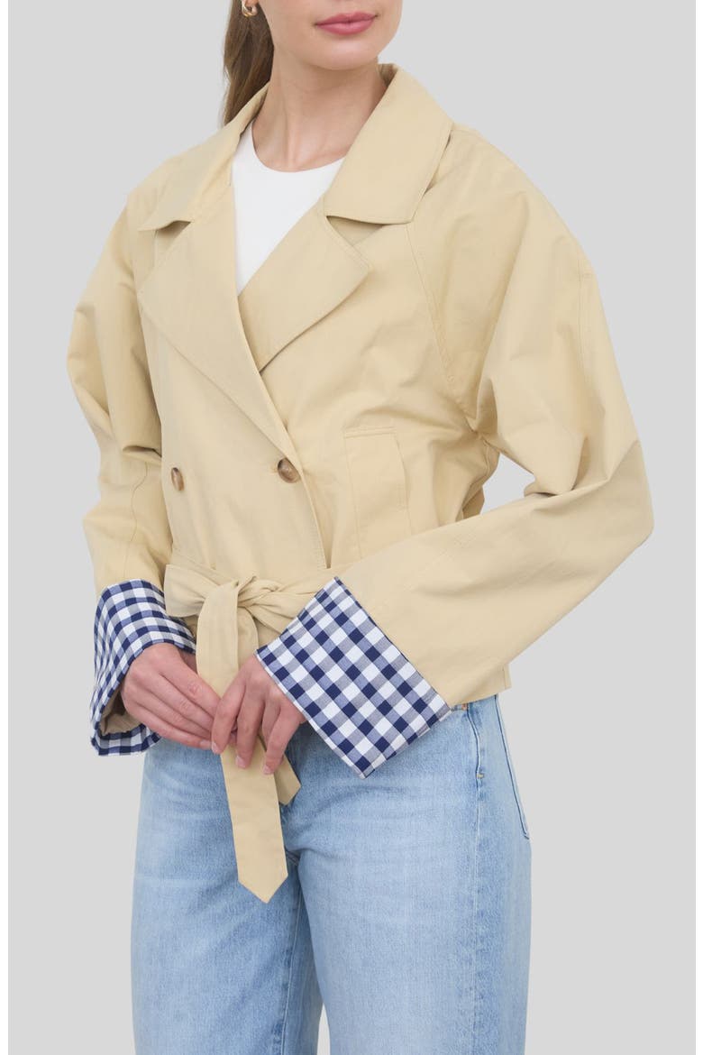 Gingham Cuff Short Trench Coat, Main, color, KHAKI
