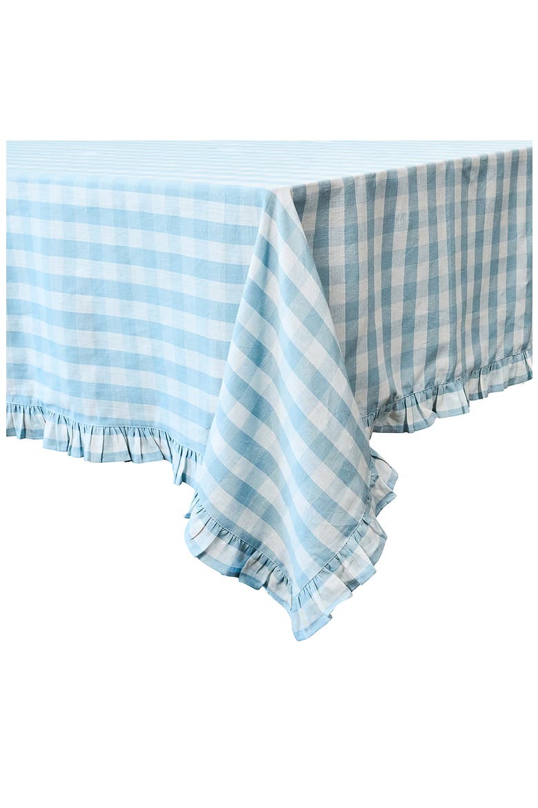 Gingham Ruffle Cotton & Linen Tablecloth, Alternate, color, OCEAN
