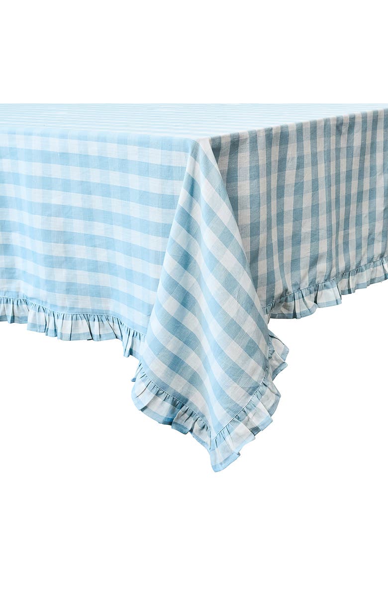 Juliska Gingham Ruffle Cotton & Linen Tablecloth, Alternate, color, Ocean