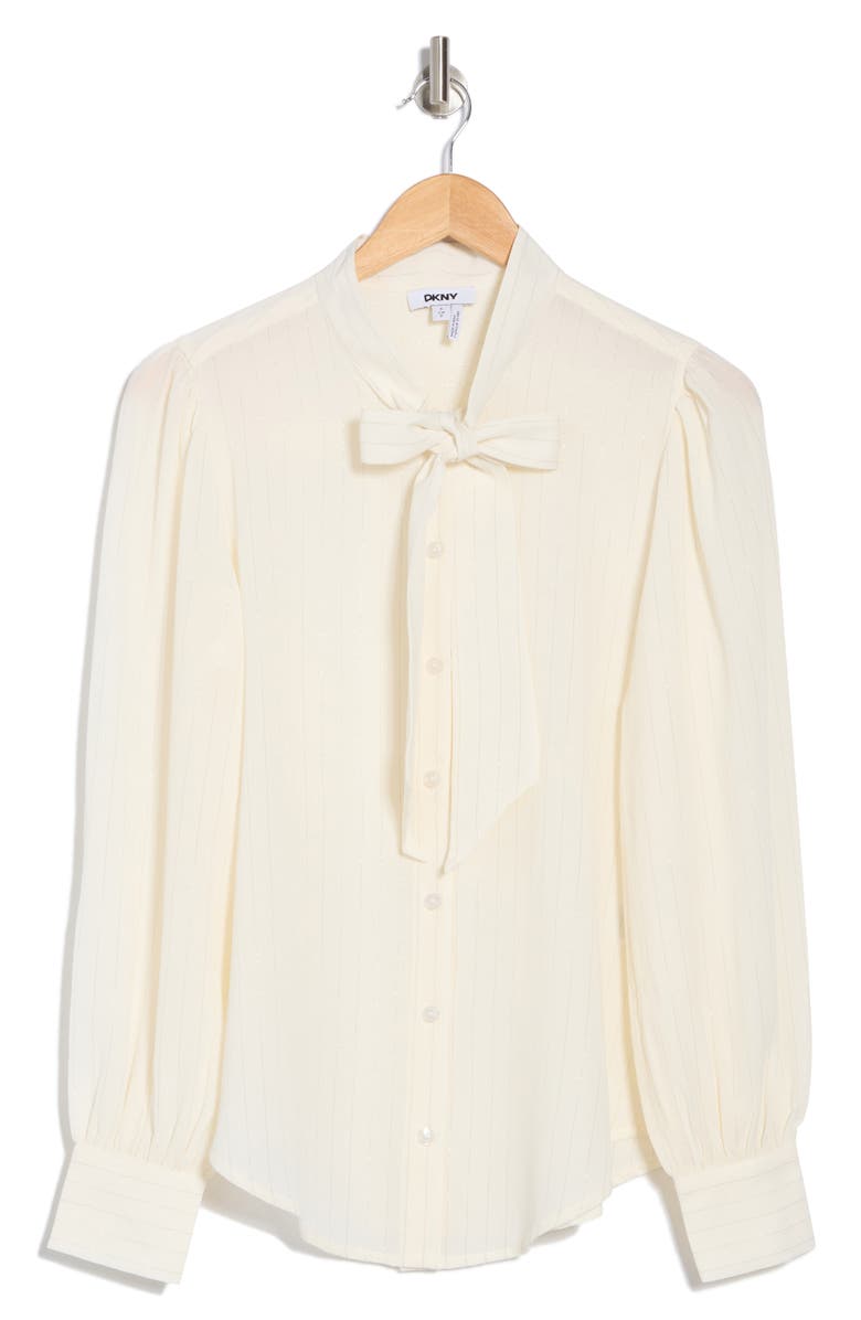DKNY Tie Neck Long Sleeve Button-Up Top, Alternate, color, Ivory