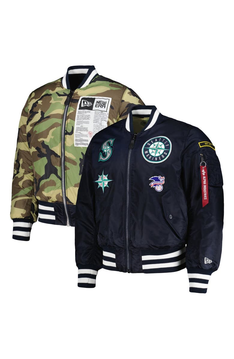 New Era x Alpha Industries Men's New Era x Alpha Industries Navy/Camo Seattle Mariners Reversible Full-Zip Bomber Jacket, Main, color,