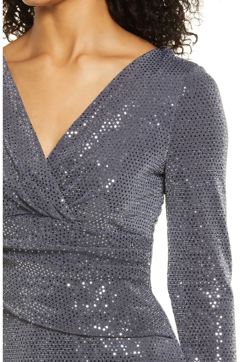 Sequin Wrap Front Long Sleeve Gown, Alternate, color, GUNMETAL
