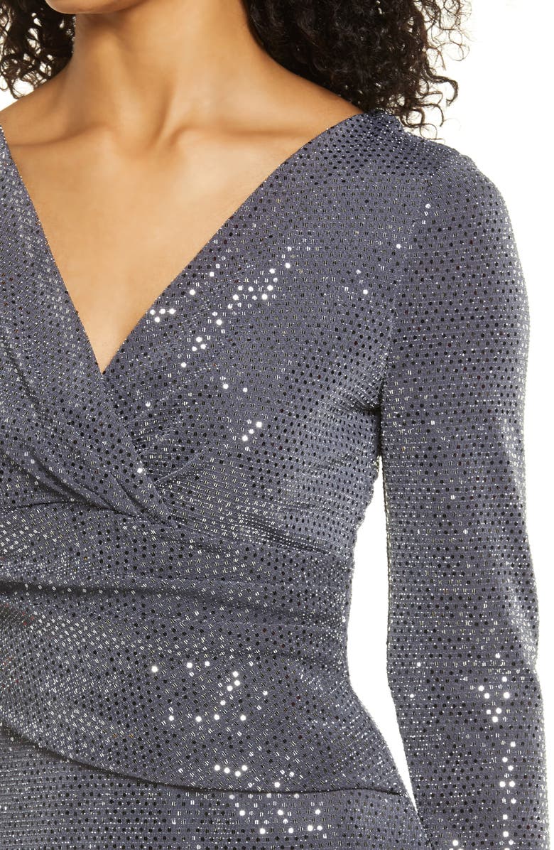 Eliza J Sequin Wrap Front Long Sleeve Gown, Alternate, color, 