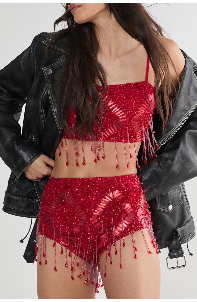 NASTY GAL Embellished Tassel Beaded Crop Top, Alternate, color, Red