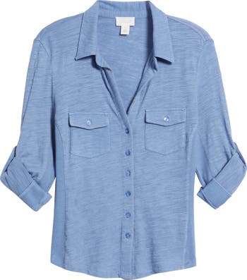 売れ筋商品|||オルセン カットソー トップス レディース Women's Rolled Sleeve Tab Shirt Capri blue melange MULTIPLES Women's Roll Tab Cuffed Long Sleeve Button Front