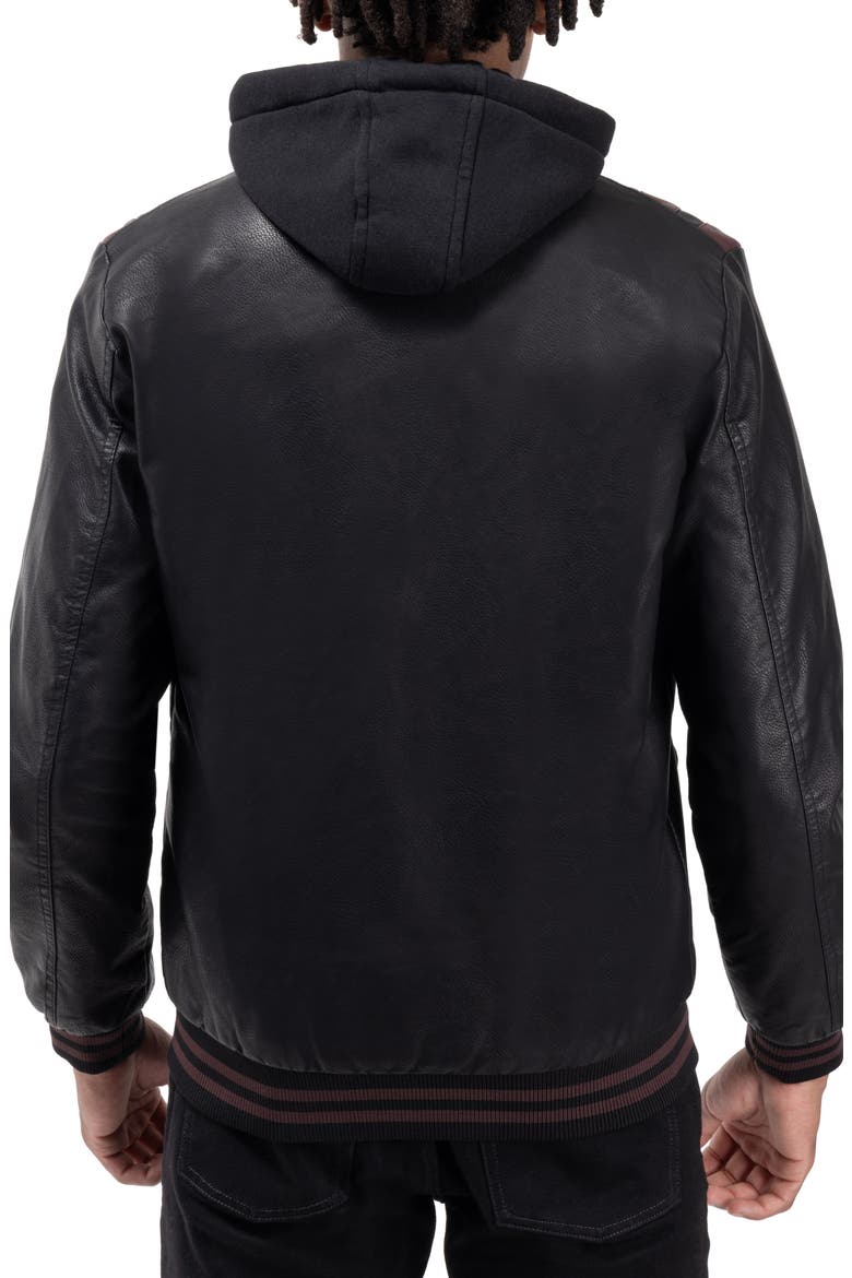 Stripe Faux Leather Hooded Moto Jacket with Faux Fur Lining, Alternate, color, BLACK/ BURGUNDY