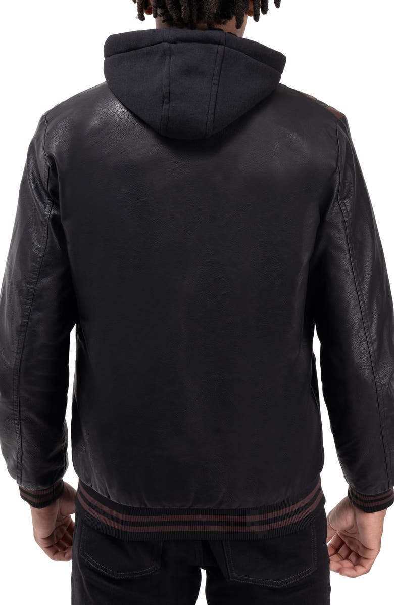 XRAY Stripe Faux Leather Hooded Moto Jacket with Faux Fur Lining, Alternate, color, Black/ Burgundy