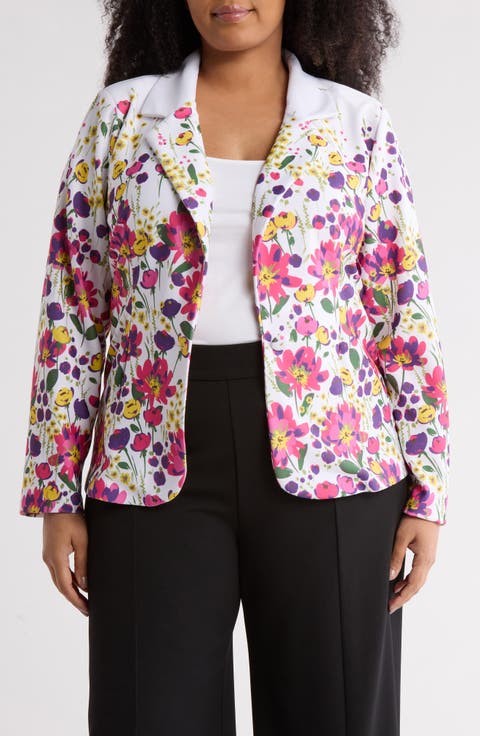 Botanical Floral Print Notch Lapel Blazer (Plus)