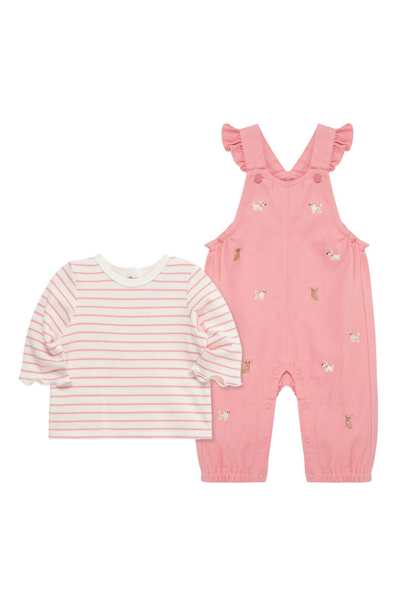 Little Me Puppies Embroidered Overalls & T-Shirt Set, Alternate, color, Pink
