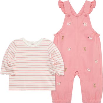 Puppies Embroidered Overalls & T-Shirt Set