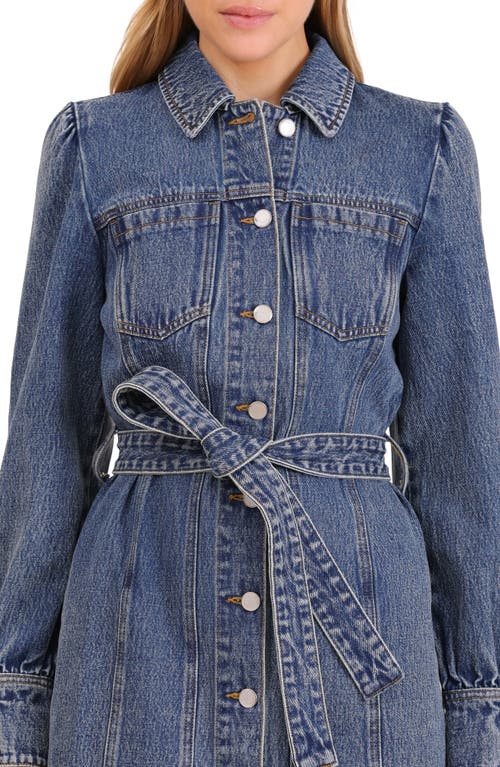 Avec Les Filles Belted Puff Sleeve Denim Dress In Blue