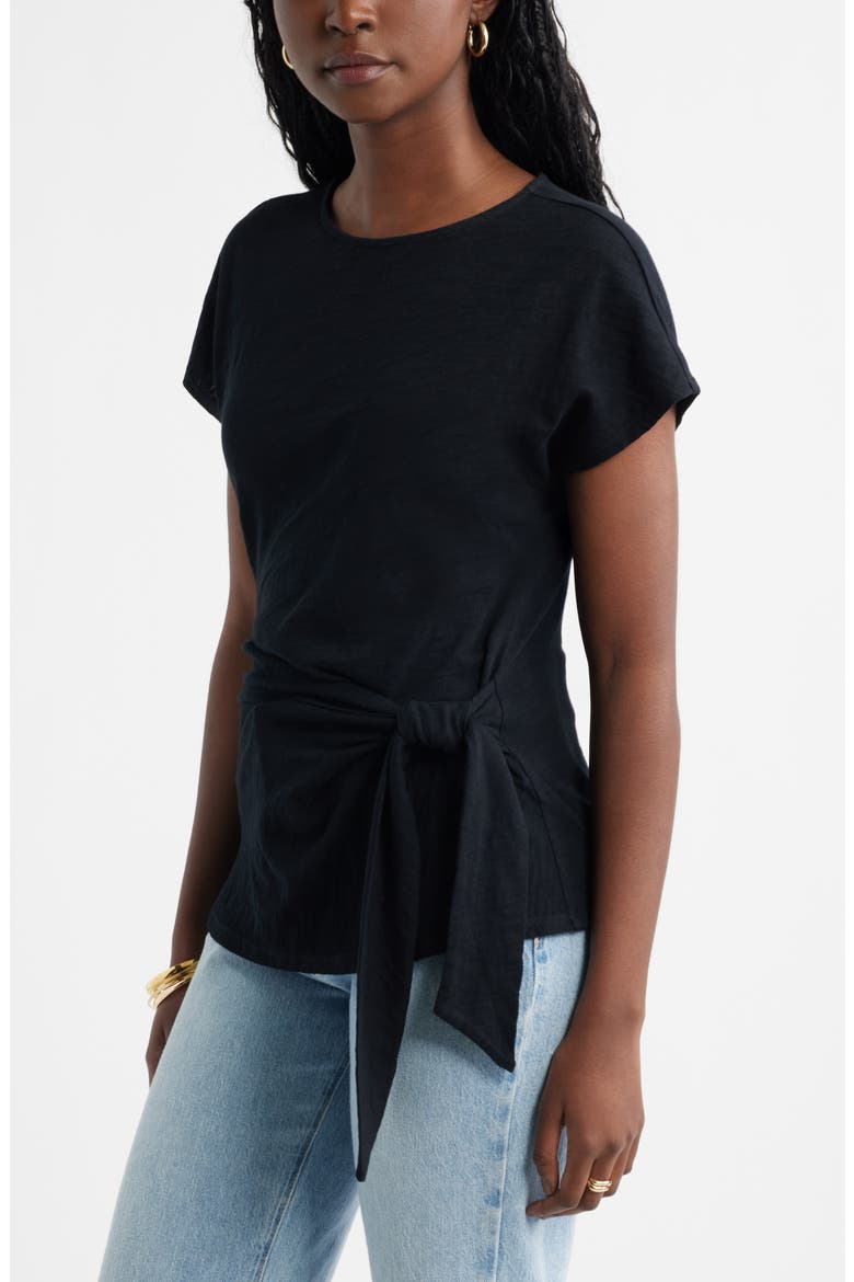 Drop Shoulder Tie Front Top, Alternate, color, BLACK