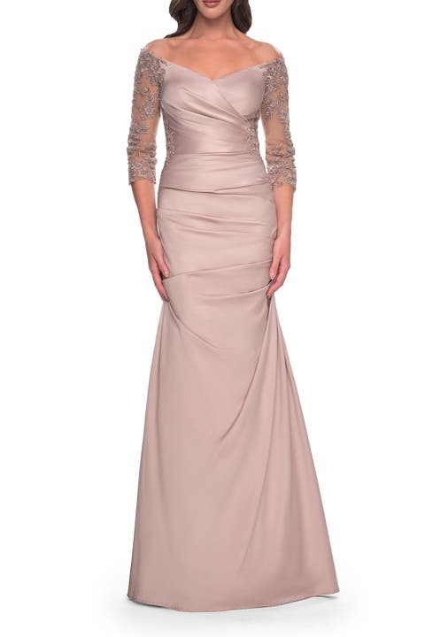 Mermaid Satin Dress with Gathering and Off the Shoulder Top