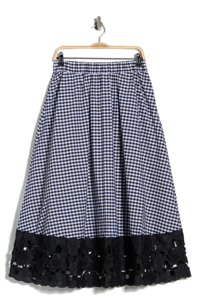 Ellen Tracy Gingham Lace Hem A-Line Skirt, Main, color, Black Gingham