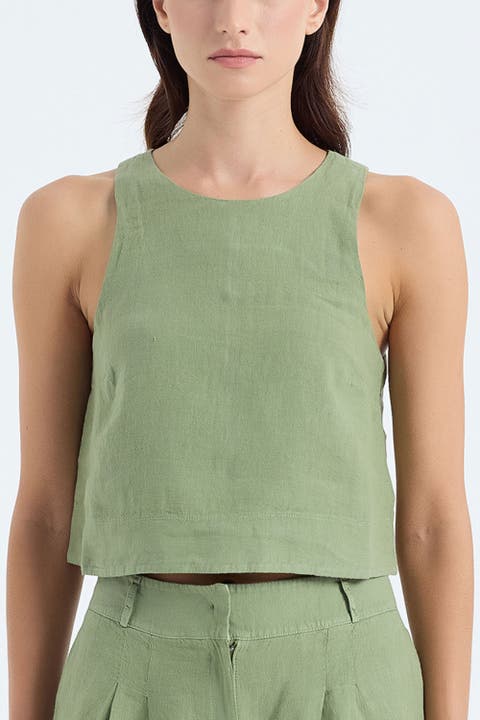 Lena 100% Linen Sleeveless Crop Top