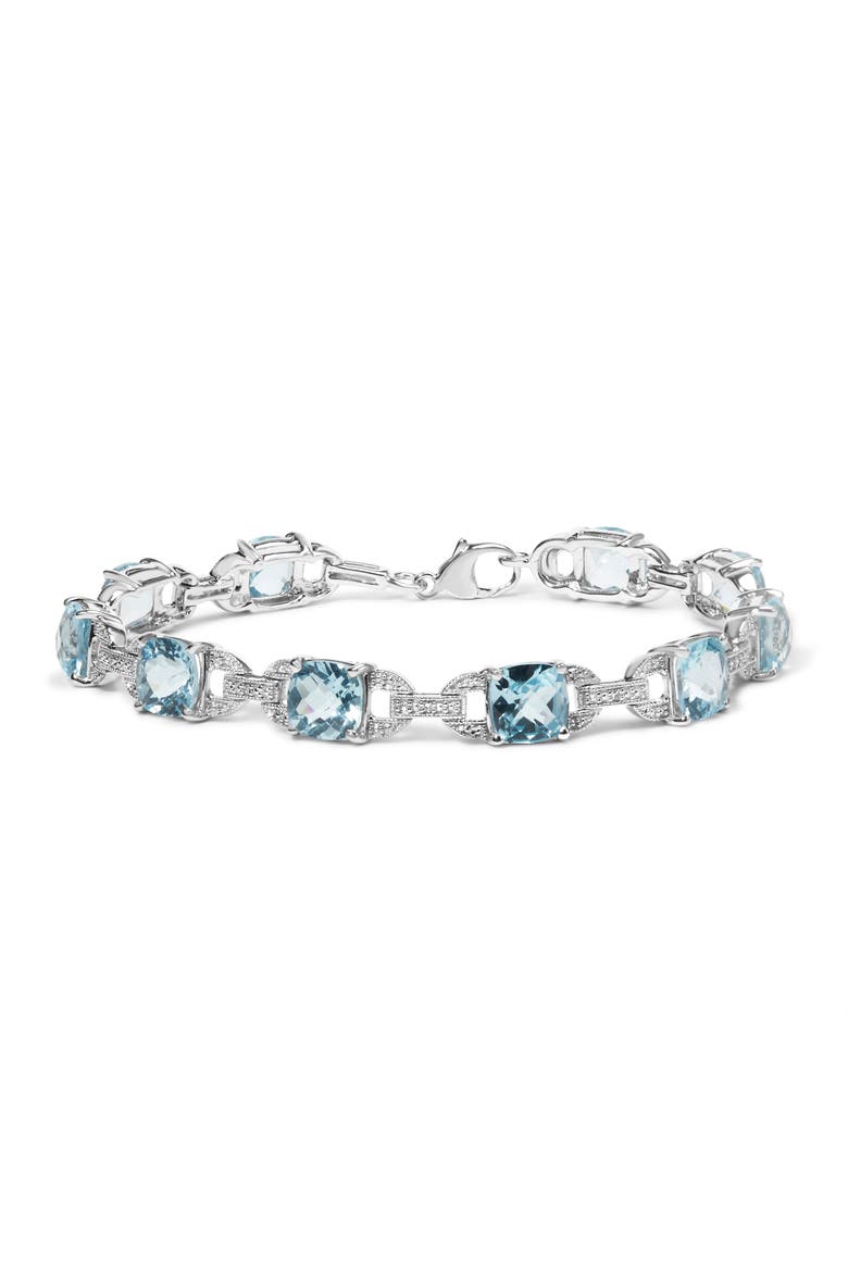 Silver 7x7 mm Cushion Cut Blue Topaz and Diamond Accent Tennis Bracelet, Main, color, Blue Topaz