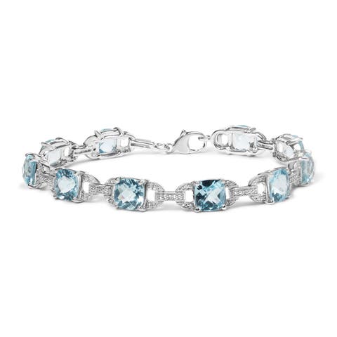 Silver 7x7 mm Cushion Cut Blue Topaz and Diamond Accent Tennis Bracelet
