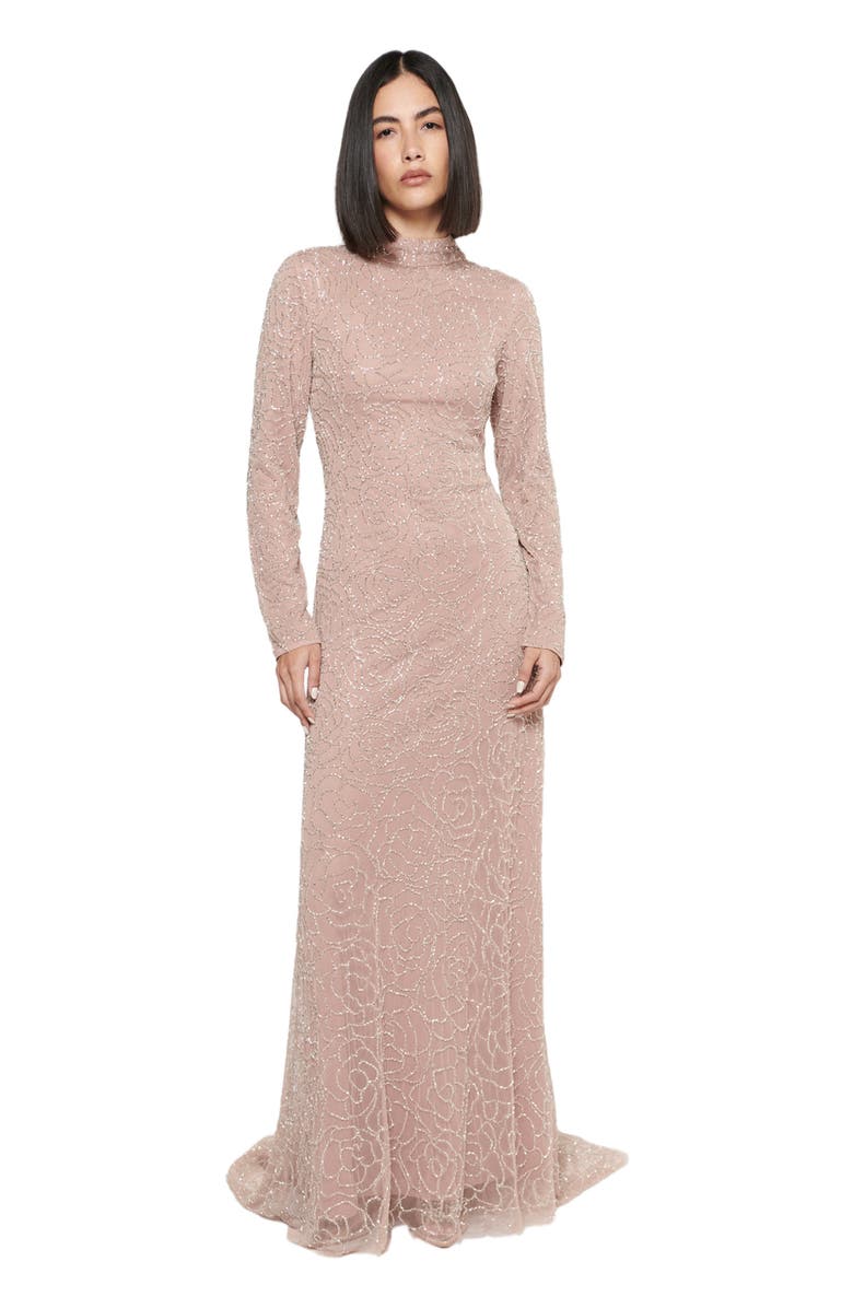 MARYISA Occasion Modest Embellished Sequin Beaded High Neck Evening Dress, Main, color,