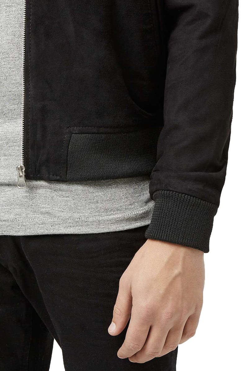 Topman Black Suede Bomber Jacket, Alternate, color, 