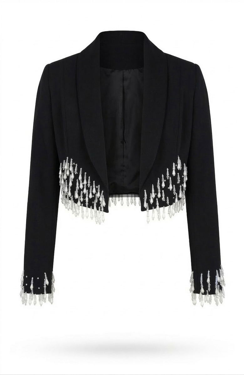 Modenaire Beaded Cropped Blazer with Shawl Collar, Alternate, color, Black